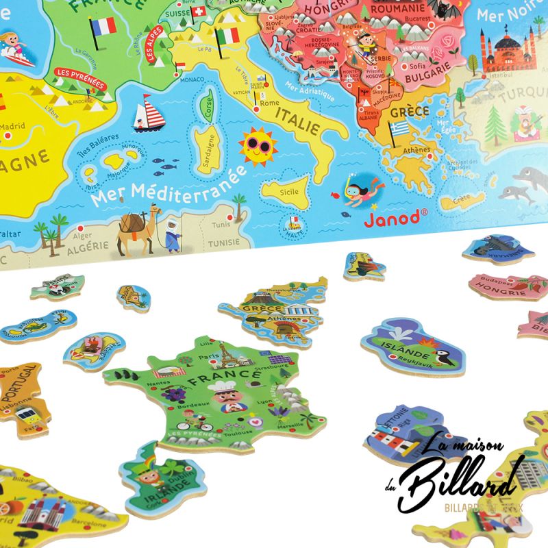 Puzzle carte d'Europe. Un jouet en bois pour la culture des enfants.