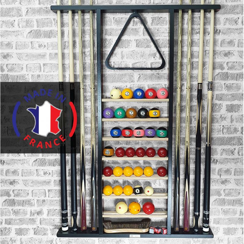 Porte-queue de billard mural + 2 jeux de billes, 100 % Made in France