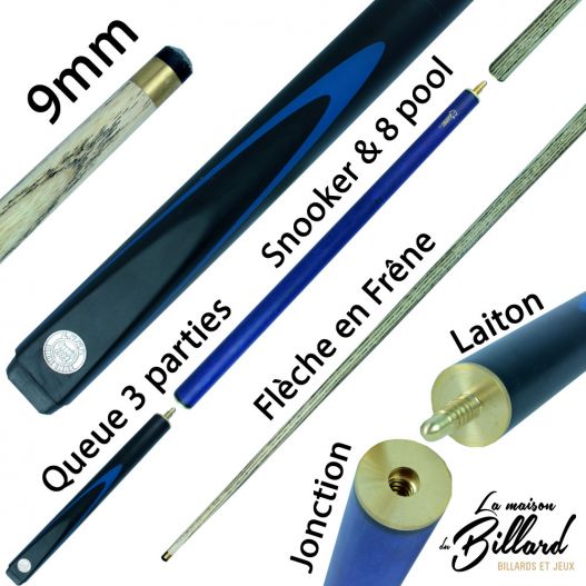 coffret Queue de billard bleu 3 parties 145 - 120 ou 100 cm