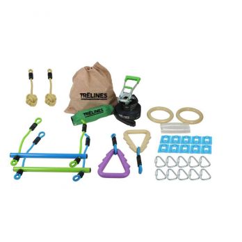 Contenu complet du jeu Ninja Adventure Line comprenant poignées, cordes, mousquetons, anneaux, sac de rangement et sangle.