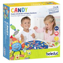 Boîte du jeu Candy Beleduc illustrant deux enfants jouant à trouver rapidement les bonbons en bois colorés