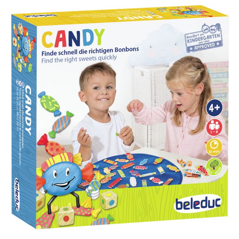 Boîte du jeu Candy Beleduc illustrant deux enfants jouant à trouver rapidement les bonbons en bois colorés