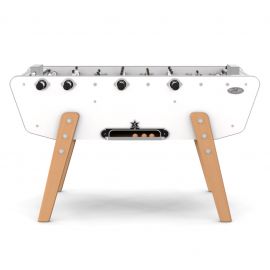 Vue de profil du baby-foot Stella blanc et bois - design élégant