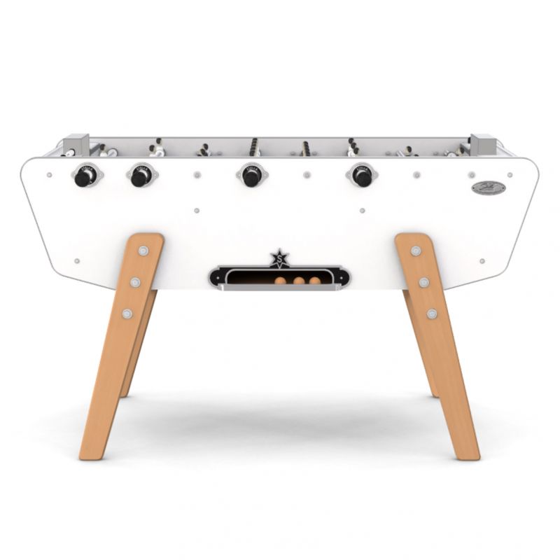 Vue de profil du baby-foot Stella blanc et bois - design élégant