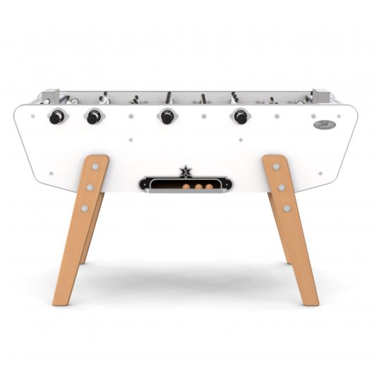 Vue de profil du baby-foot Stella blanc et bois - design élégant