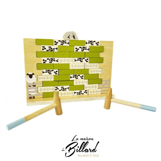 Jeu de démolition de mur en bois avec briques vertes et imprimées, accompagné de deux maillets en bois pour enfants