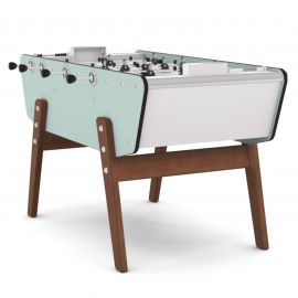 Baby foot de terrasse avec monnayeur - Vue d'ensemble avec caisse pastel et pieds en bois moabi.