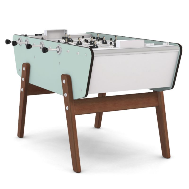 Baby foot de terrasse avec monnayeur - Vue d'ensemble avec caisse pastel et pieds en bois moabi.