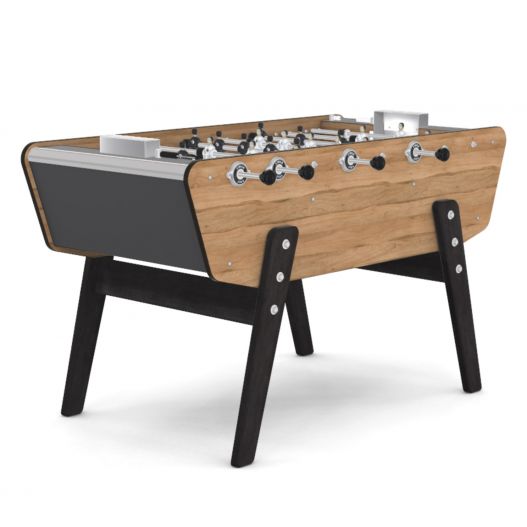 Vue arrière du Baby-foot Outdoor bois et noir, pieds inclinés et structure robuste