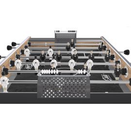 Vue rapprochée des joueurs en aluminium du baby-foot Champion Collector Bi-couleur effet chêne et côtés noirs