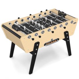 Vue d'ensemble du baby-foot champion bois massif avec joueurs noirs et blancs