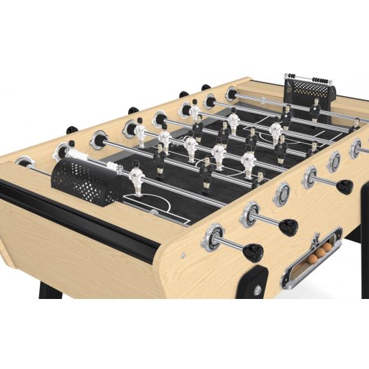 Zoom sur les cages en inox peintes en noir du baby-foot champion bois massif