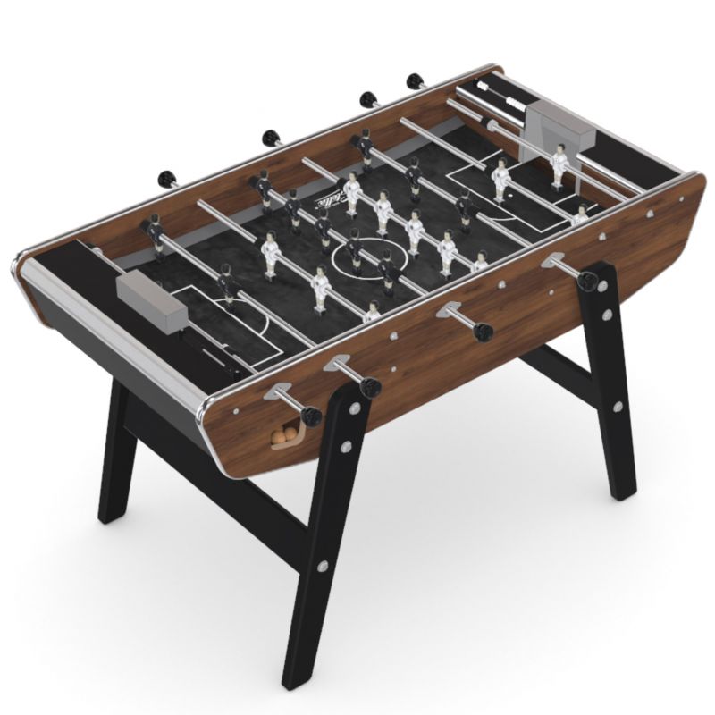 Vue latérale du baby-foot Stella Home Warmia, avec détails des poignées et du design effet noyer.