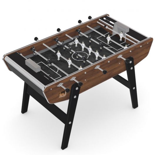 Vue latérale du baby-foot Stella Home Warmia, avec détails des poignées et du design effet noyer.