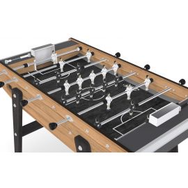Vue en plongée du baby-foot Home Outdoor, avec façade chêne et côtés gris anthracite, et joueurs noirs et blancs