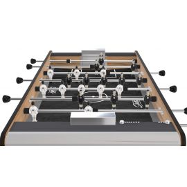 Zoom sur la façade chêne et les côtés gris anthracite du baby-foot Home Outdoor, avec détails des poignées noires.