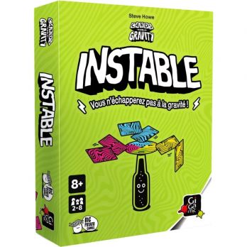 Boîte du jeu Instable vue en perspective, avec cartes en équilibre sur une bouteille.