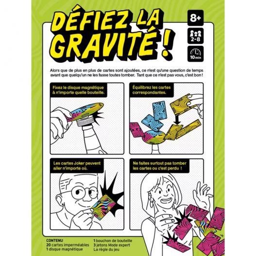 Règles illustrées du jeu Instable avec le titre "Défiez la gravité !" et les instructions.