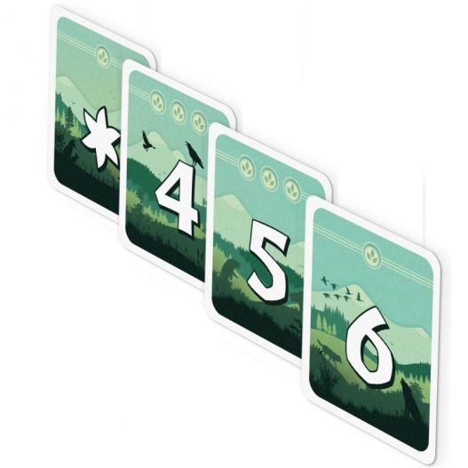 Cartes vertes du jeu Verso numérotées de 4 à 6 avec une carte joker étoile.