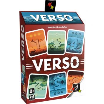 Boîte du jeu Verso montrant des cartes colorées avec des chiffres et des paysages recto-verso.