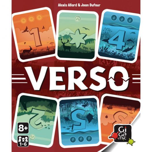Illustration de la boîte du jeu Verso avec cartes multicolores affichées en recto et verso.
