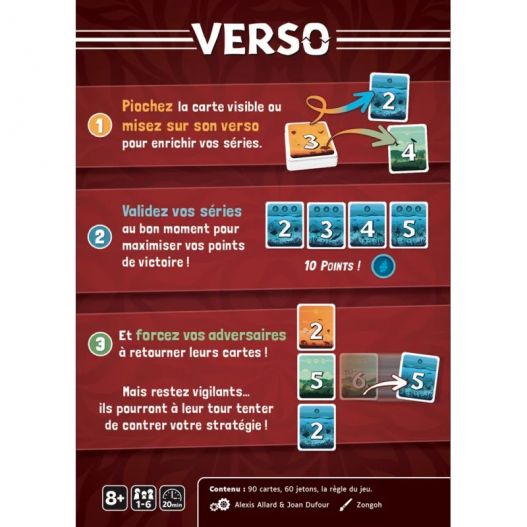 Règles illustrées du jeu Verso expliquant les étapes de pioche, de validation de séries et de stratégie.