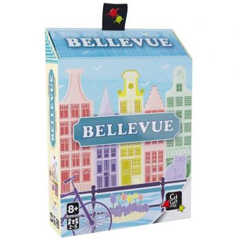 Boîte du jeu de société Bellevue aux couleurs pastel avec illustration de canal et maisons hollandaises.