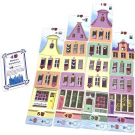 Cartes du jeu Bellevue représentant des bâtiments colorés composés de boutiques, fenêtres et toits.