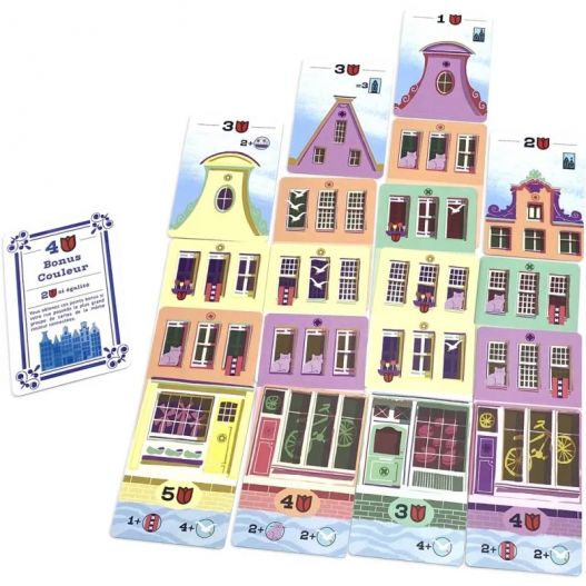 Cartes du jeu Bellevue représentant des bâtiments colorés composés de boutiques, fenêtres et toits.
