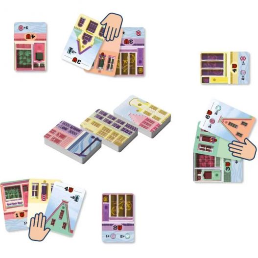 Disposition des cartes de Bellevue en cours de partie, illustrant les phases de pioche et de jeu.