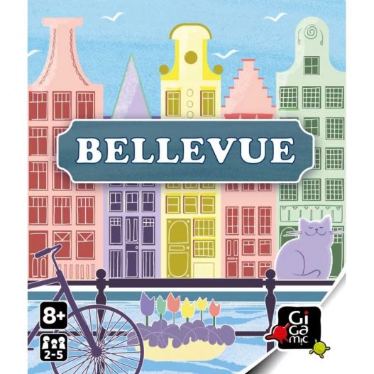 Illustration de la couverture du jeu Bellevue avec canal, tulipes, maisons et un chat violet.