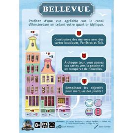 Vue d’ensemble du gameplay de Bellevue avec objectifs, règles principales et exemples de bâtiments.