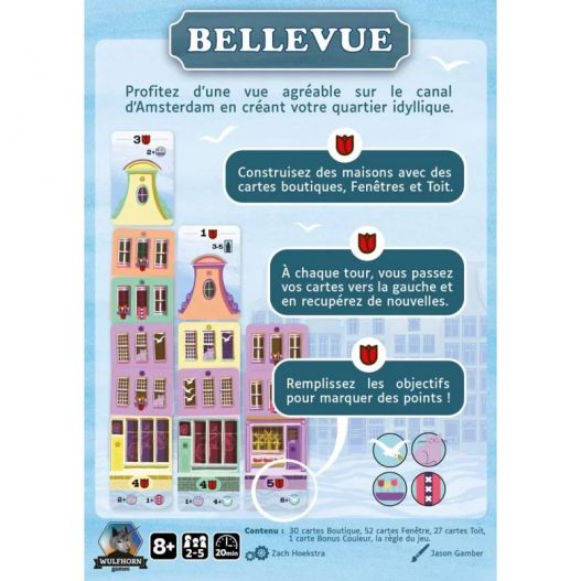 Vue d’ensemble du gameplay de Bellevue avec objectifs, règles principales et exemples de bâtiments.