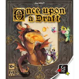 Couverture du jeu Once Upon a Draft avec un dragon, une fée, un chevalier et une grenouille cracheuse de langue.