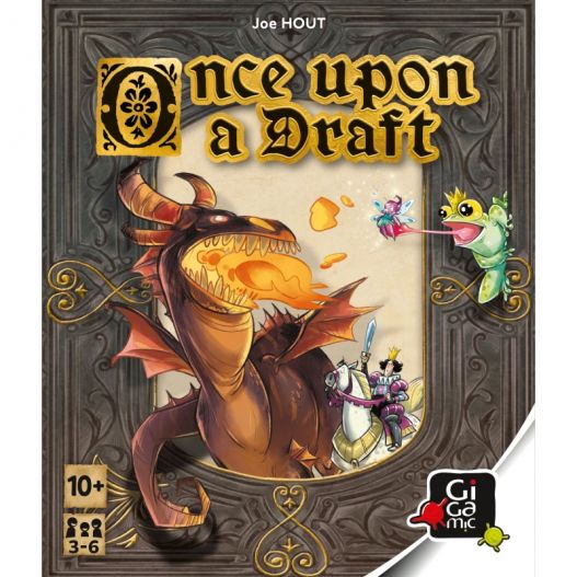 Couverture du jeu Once Upon a Draft avec un dragon, une fée, un chevalier et une grenouille cracheuse de langue.