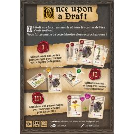 Verso de la boîte du jeu Once Upon a Draft expliquant les règles principales et le contenu du jeu avec des exemples de cartes.