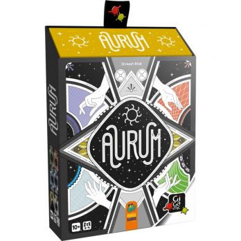 Boîte du jeu Aurum avec un design coloré représentant des mains et des symboles alchimiques.