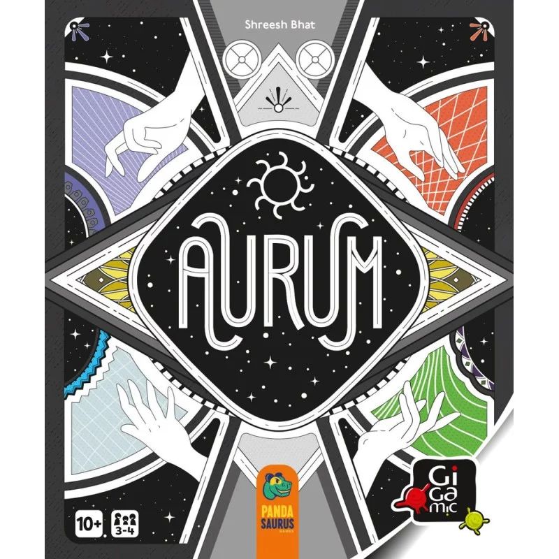 Illustration de la couverture du jeu Aurum avec le titre central entouré de motifs cosmiques.