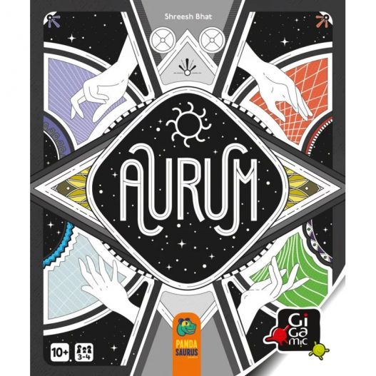 Illustration de la couverture du jeu Aurum avec le titre central entouré de motifs cosmiques.