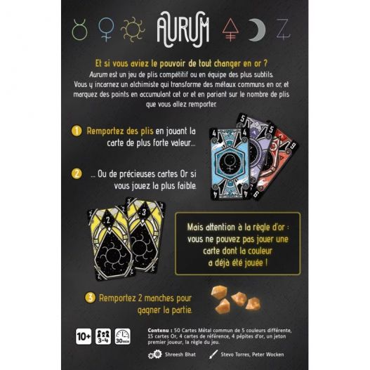 Verso de la boîte du jeu Aurum présentant les règles, les cartes et les objectifs.