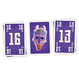 Cartes de jeu Cabanga avec des masques colorés et des chiffres en grand format.