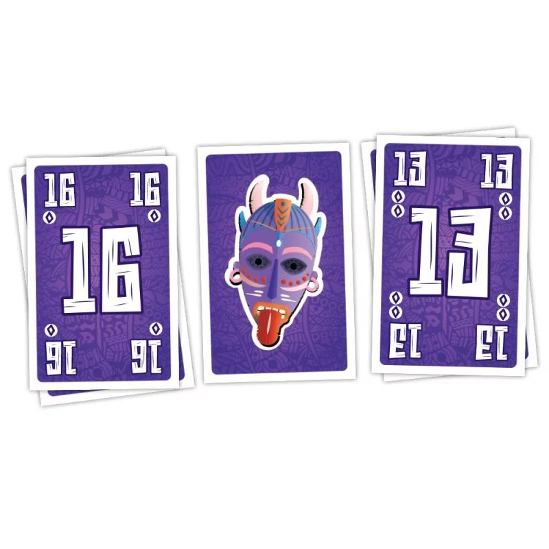 Cartes de jeu Cabanga avec des masques colorés et des chiffres en grand format.