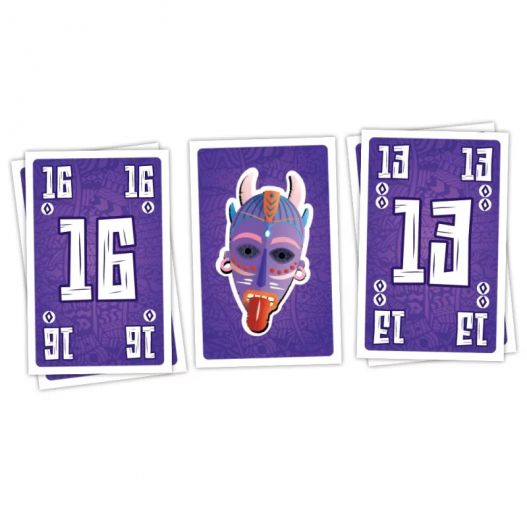 Cartes de jeu Cabanga avec des masques colorés et des chiffres en grand format.