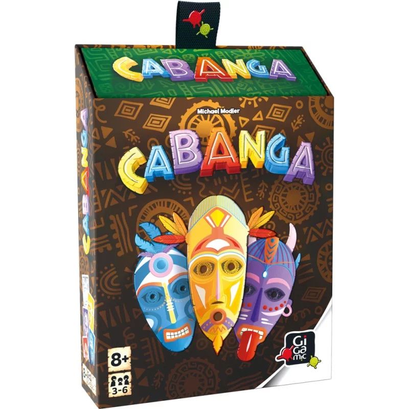 Boîte du jeu de cartes Cabanga aux couleurs vives, avec trois masques tribaux en illustration.