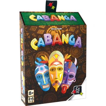 Boîte du jeu de cartes Cabanga aux couleurs vives, avec trois masques tribaux en illustration.