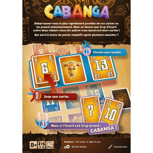 Dos de boîte du jeu Cabanga expliquant les règles et le déroulement de la partie.