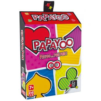 Boîte colorée du jeu de cartes Papayoo, édité par Gigamic, avec un design pop-art et le slogan 'Payoo... pas pris !'