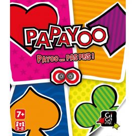 Zoom sur le design de la couverture du jeu Papayoo, avec ses quatre familles de cartes colorées et le logo de Gigamic.