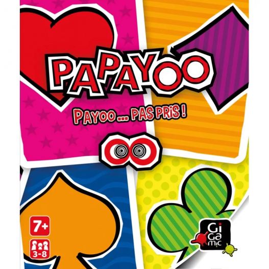 Zoom sur le design de la couverture du jeu Papayoo, avec ses quatre familles de cartes colorées et le logo de Gigamic.