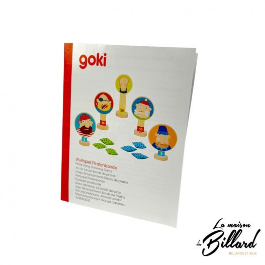Notice multilingue du jeu de lancer Goki, affichant les illustrations des cibles pirates et les sachets colorés.